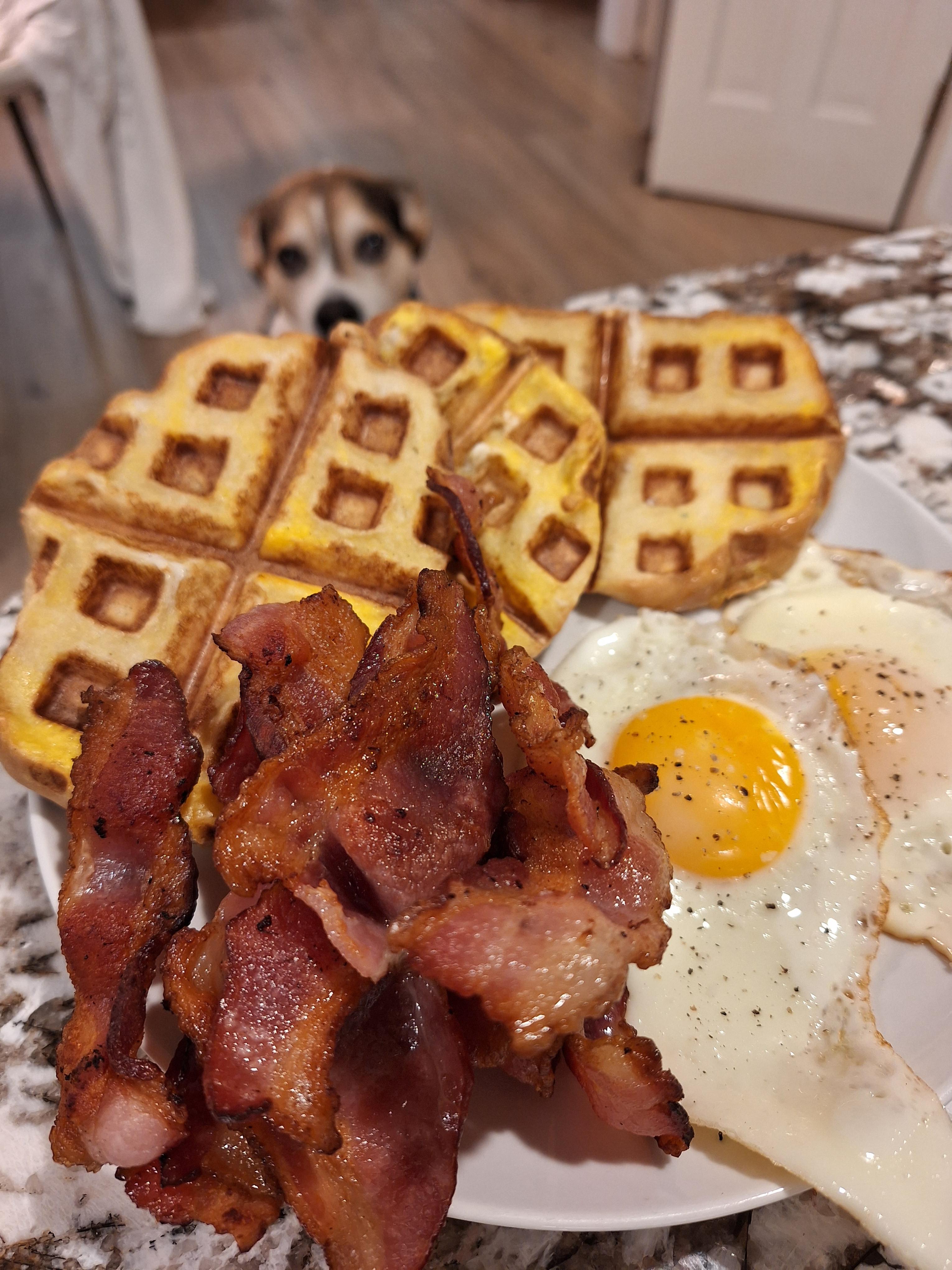 Waffle French toast, eggs, and bacon [homemade] Dining and Cooking