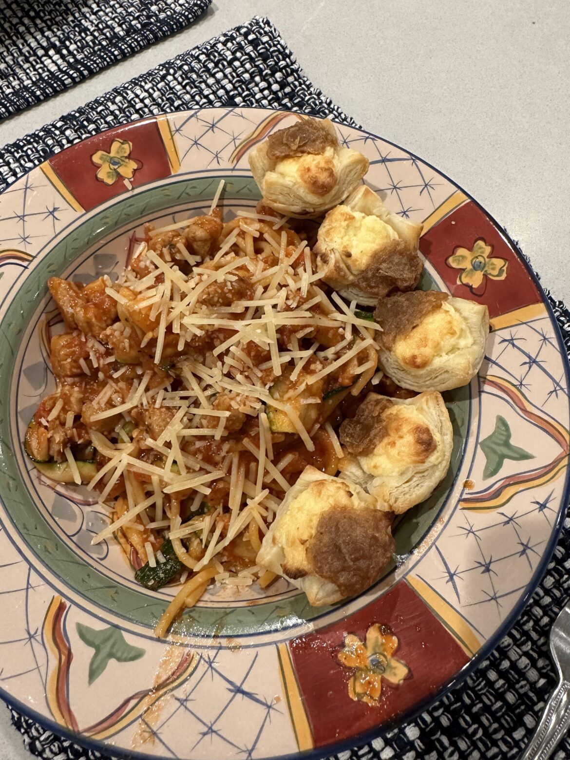 Bolognese with feta onion pastry