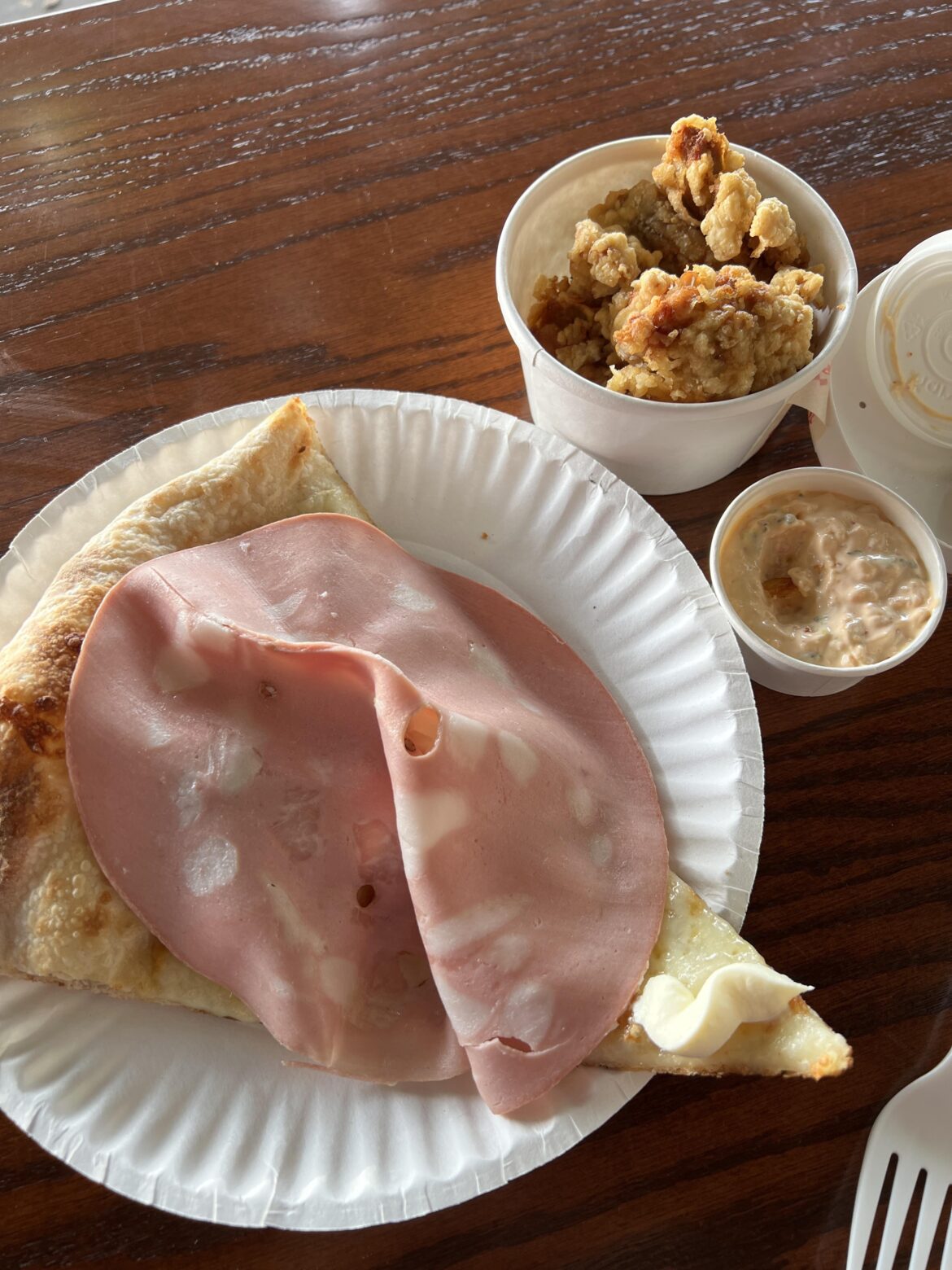 Mortadella pizza and chicken nuggs from Shin’s Pizza, Cypress Park