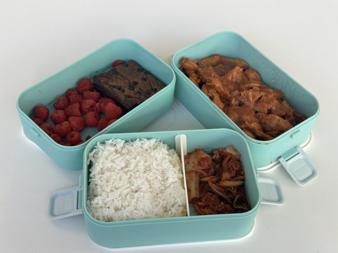 Korean lunch at work - spicy chicken with rice and kimchi (also brownie and raspberries)