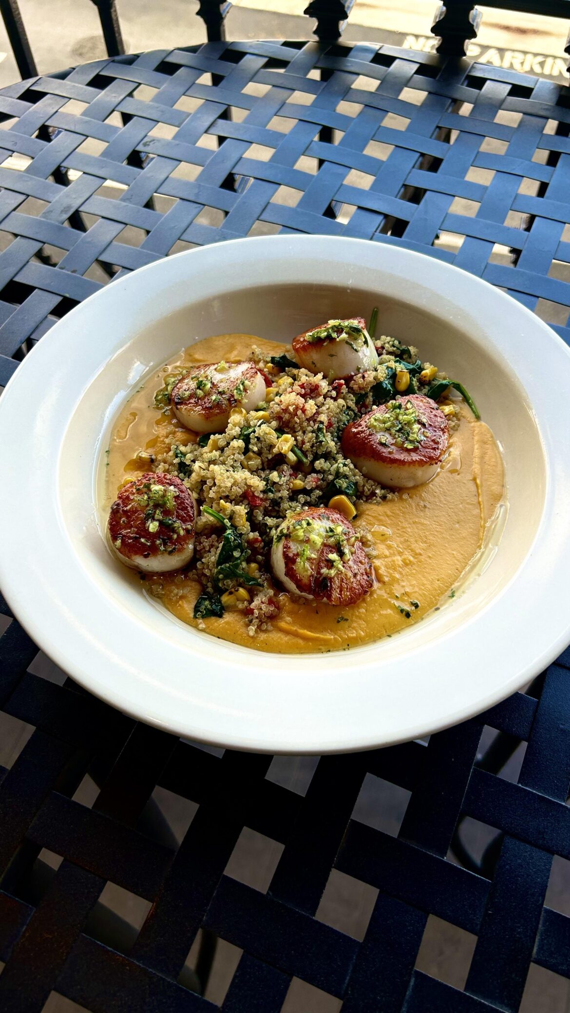 Scallops, Garlic-Herb Oil, Smoked Gouda Butternut Squash Purée, White Quinoa Salad