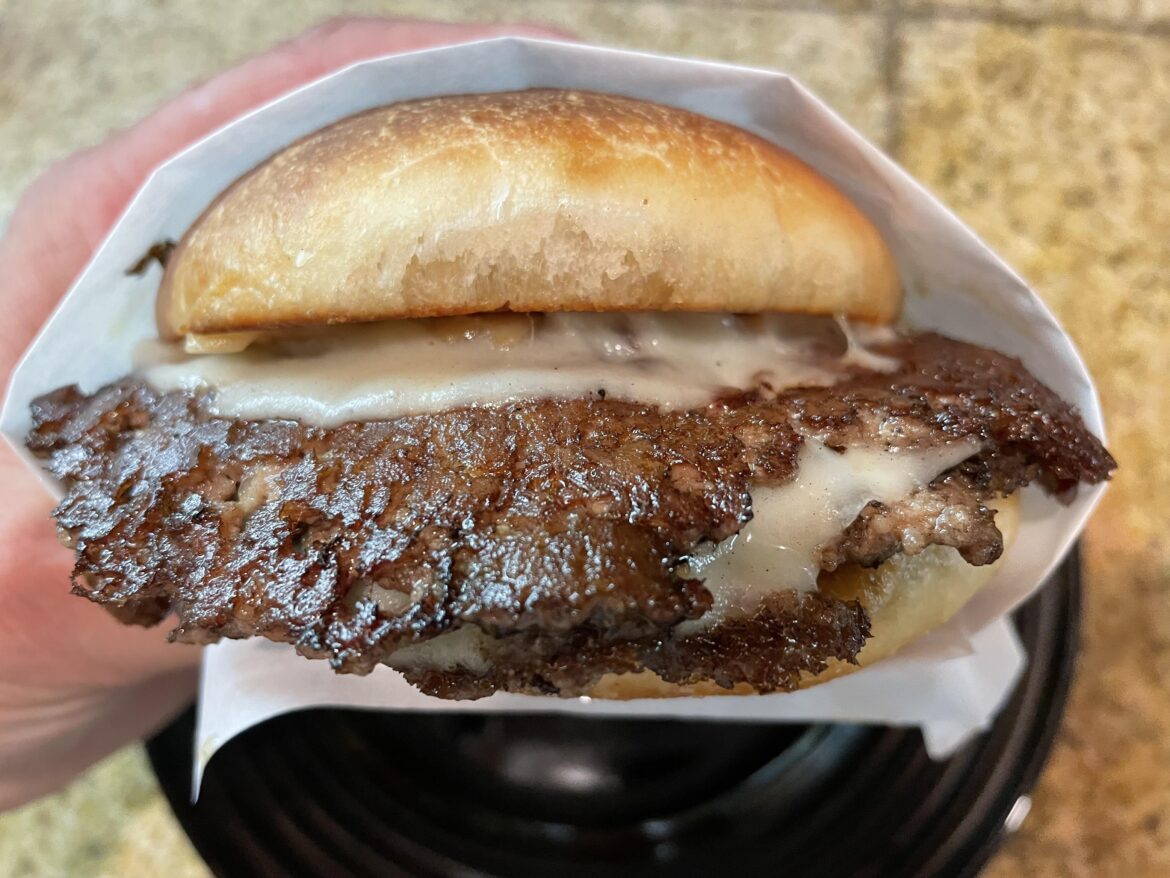 Double smash. Roasted garlic, provolone, buttered toasted home baked bun.