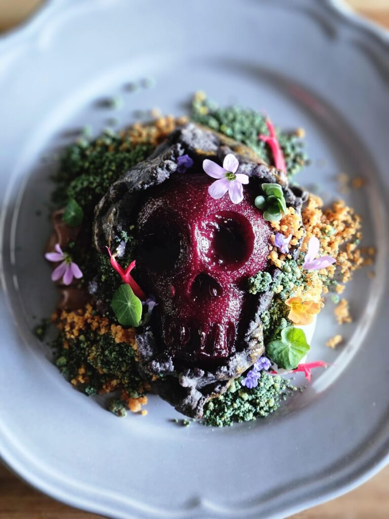 Pear & Black Cocoa Tart, Red Wine, Cherry Lambic, Chocolate Cremeux, Brown Butter, White Chocolate