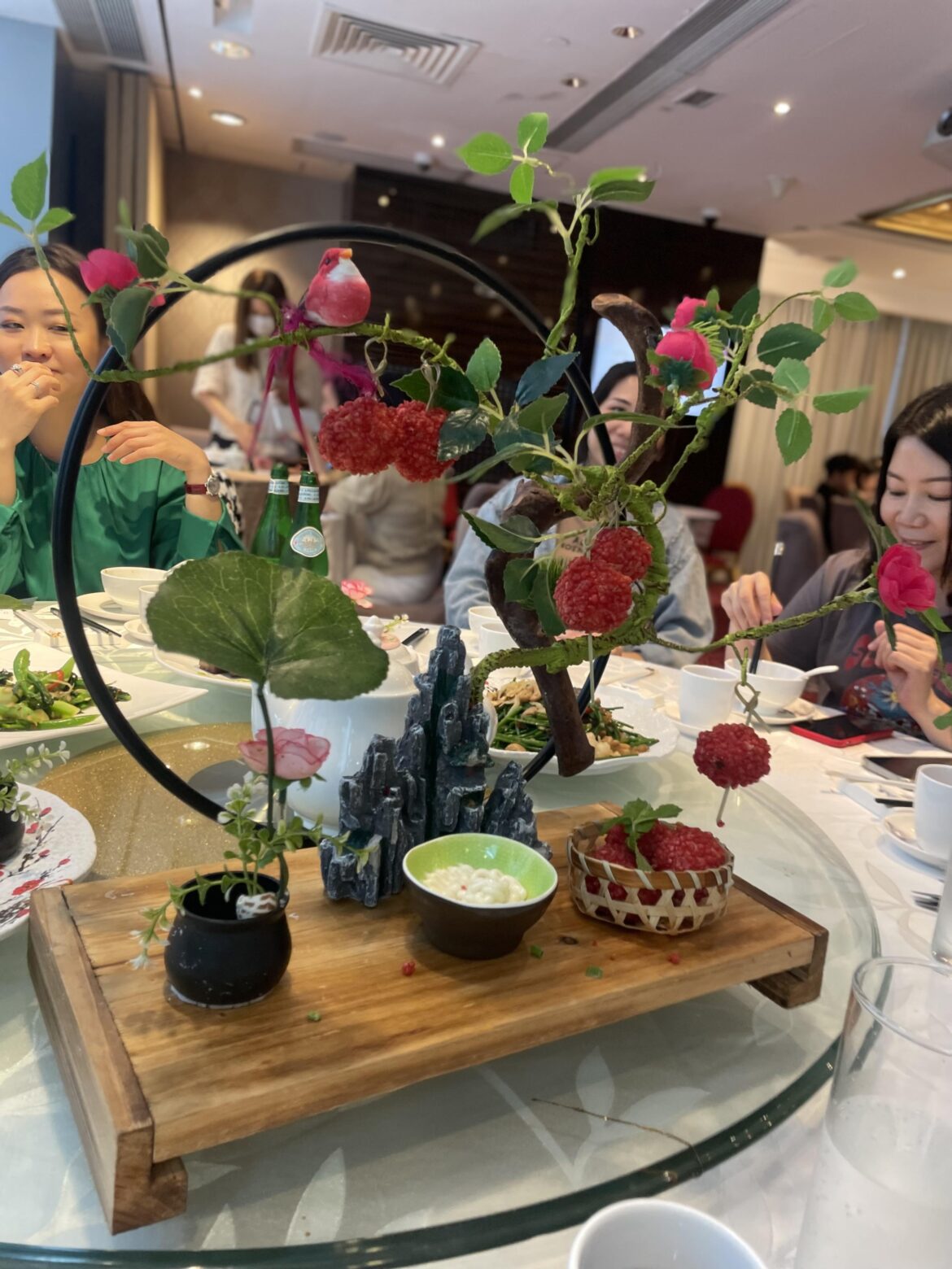 Crispy prawn balls hanging from a tree