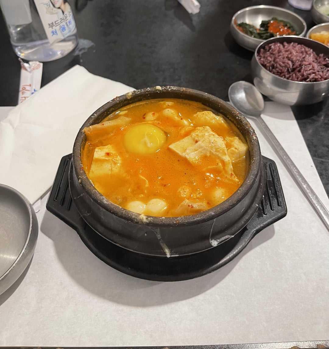 Dumpling soft tofu soup and rice at So Gong Dong Tofu House. Calories
