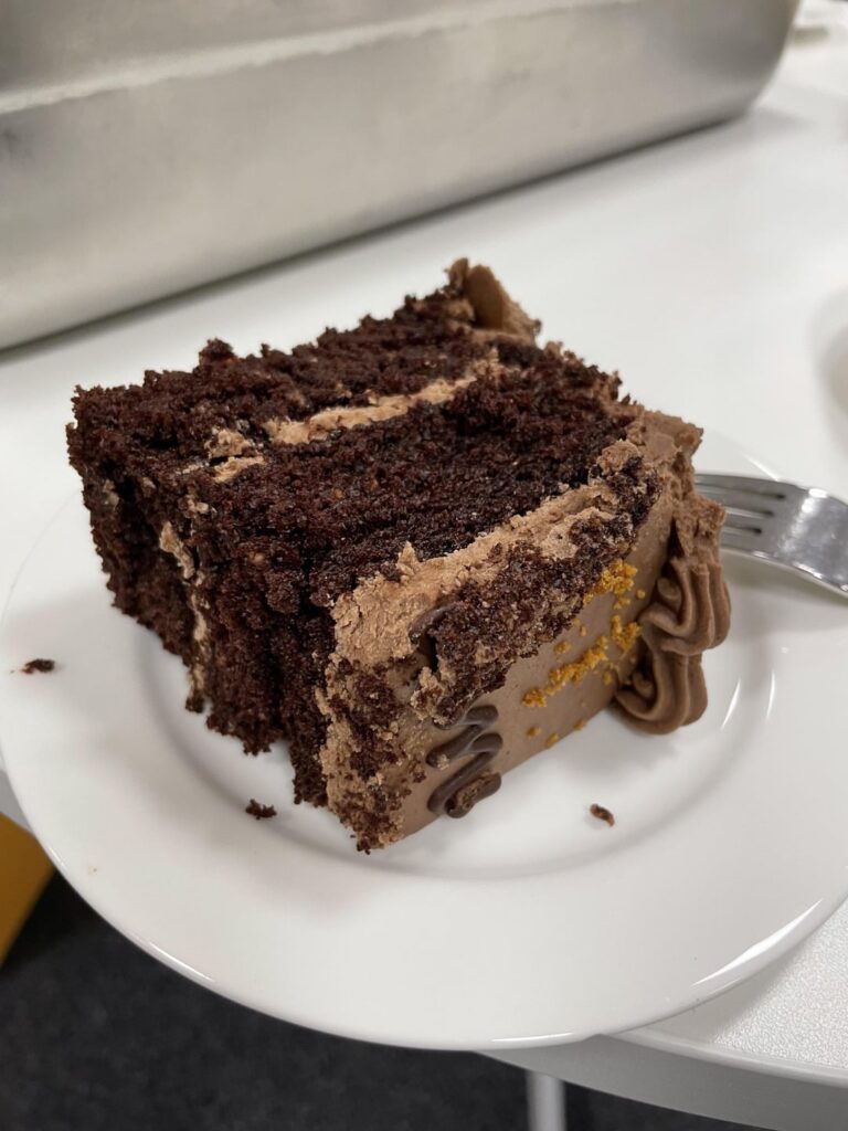 How many calories in this piece of chocolate cake with buttercream (might not be made from butter)?