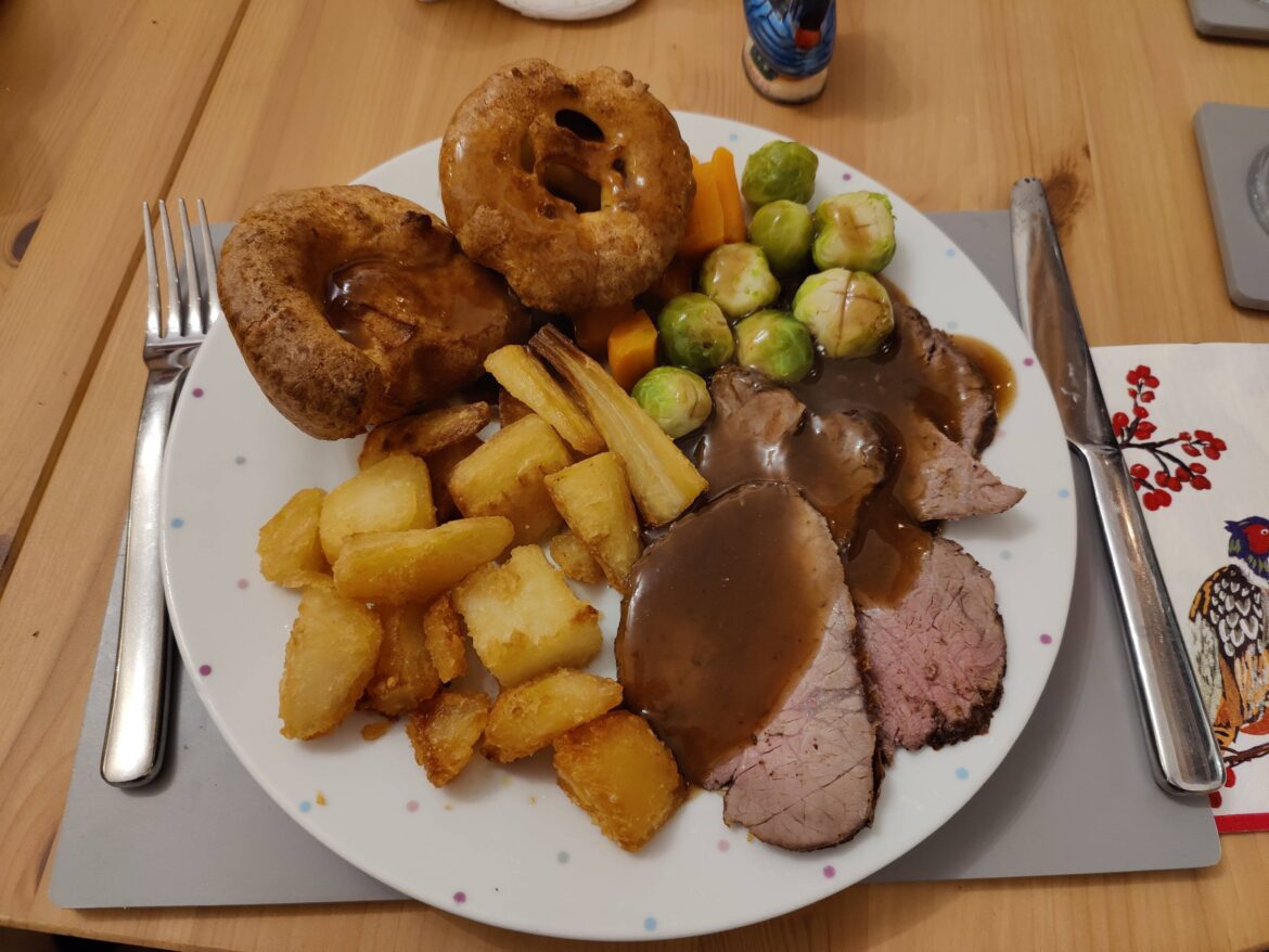 Roast beef, Yorkies, tatties, fartnips, Brussels and carrots. A dash of gravy.