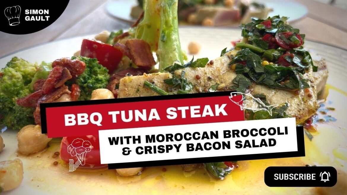 BBQ Tuna Steaks with Moroccan Broccoli and Crispy Bacon Salad