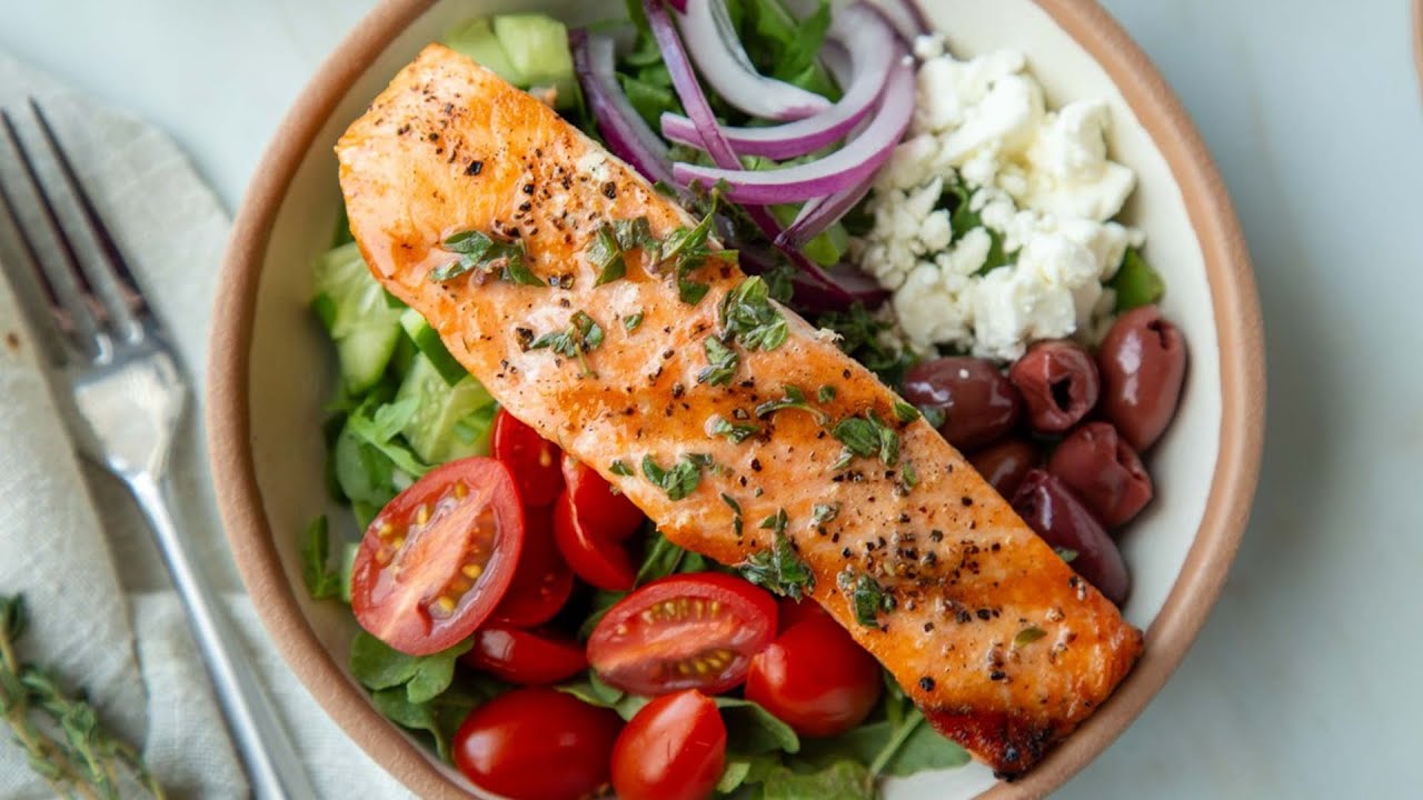 Grilled Salmon Greek Salad With Herb Dressing Recipe Dining And Cooking