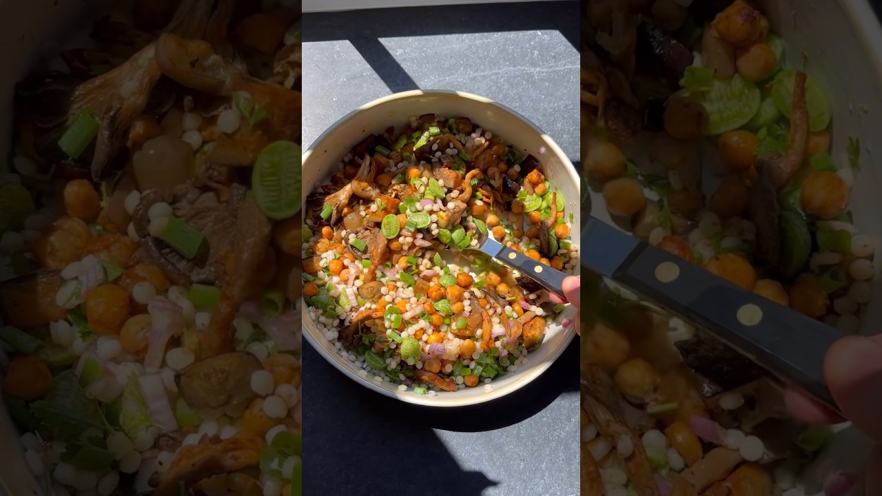 roasted eggplant and garbanzo bean couscous salad with spicy tahini and