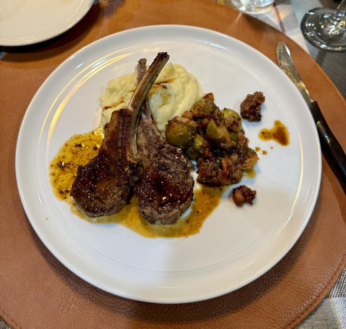 Lamb chops on aligot potatoes and semi-sweet brussel sprouts