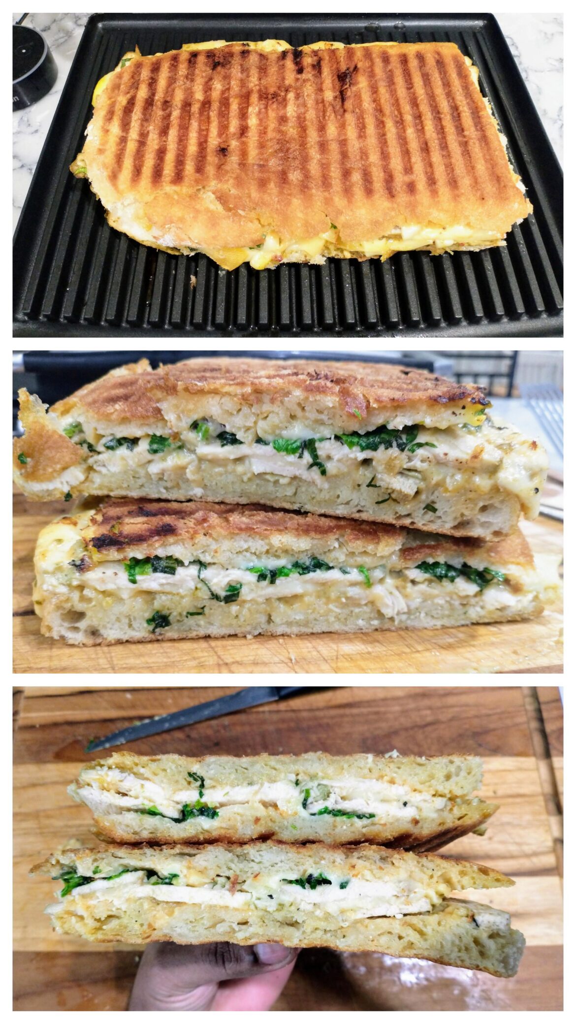 Homemade Panini - Roasted Chicken, Emmental Cheese, Spinach, and Garlic Parmesan Sauce on Ciabatta Loaf.