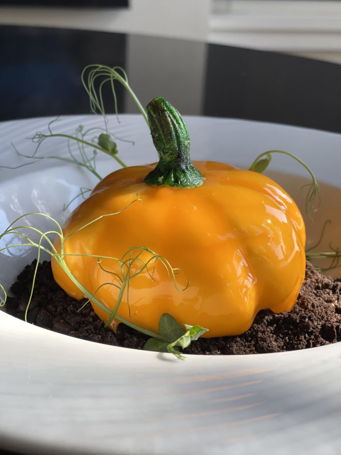 White Chocolate Whipped Ganache / Candied Pumpkin / Chocolate Buttermilk Cake