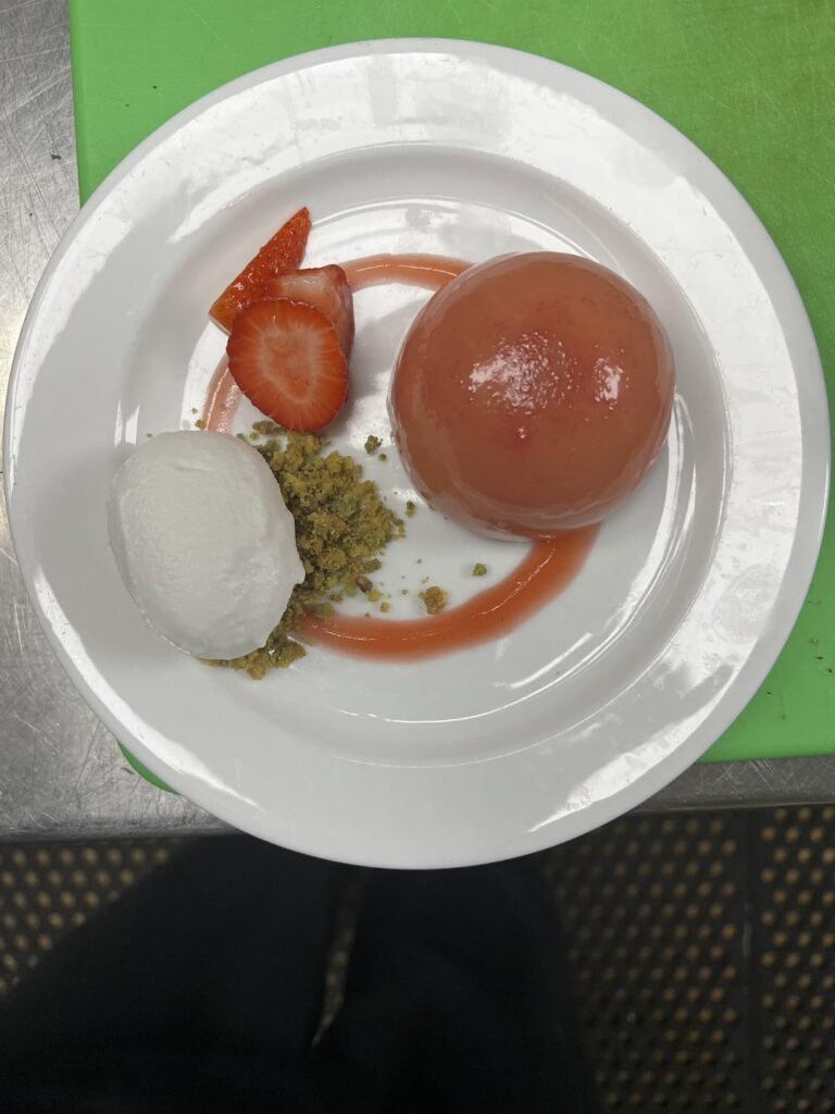 Straberry mouse, strawberry coulis, lemon parfait sorbet and a ripe strawberry