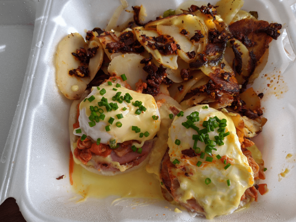 Add kimchi and chives to your eggs benedict! Also add chili crisp/chili crunch to your home fries