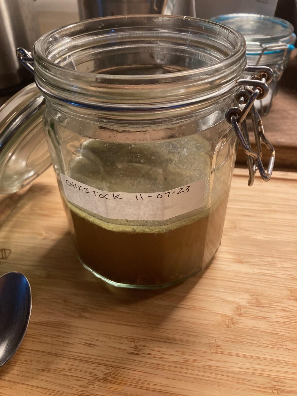 My dad made this chicken stock yesterday, put it in the glass jar and let it sit, open, on the counter overnight for 8 hours. He insists it is ok since the container was open and he put it in the fridge first thing this morning. Is he correct? My dad made this chicken stock yesterday, put it in the glass jar and let it sit, open, on the counter overnight for 8 hours. He insists it is ok since the container was open and he put it in the fridge first thing this morning. Is he correct?