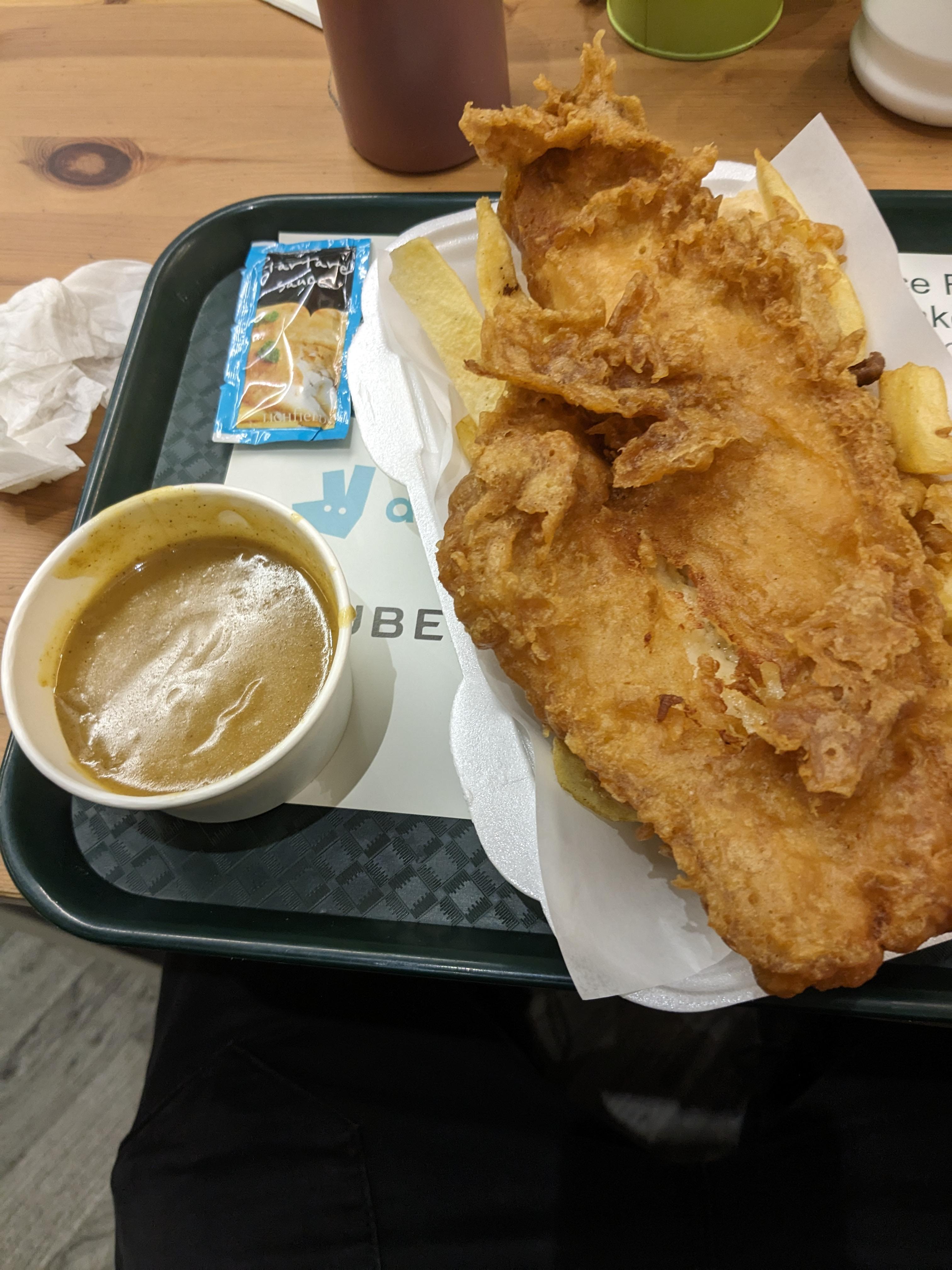 Fish, Chips and Curry sauce Dining and Cooking