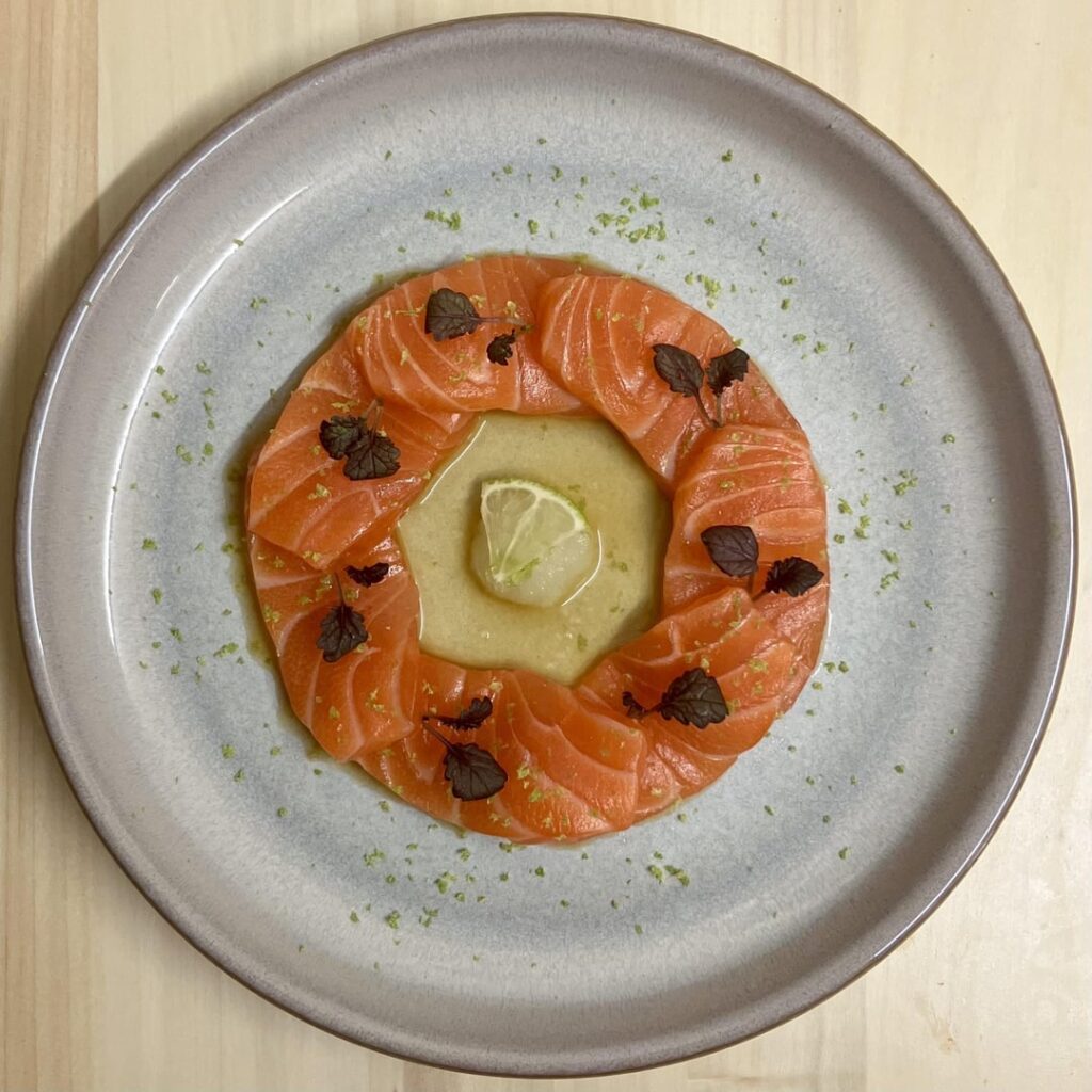 Salmon Carpaccio with a Yuzu Soy Dressing and Lime Gel
