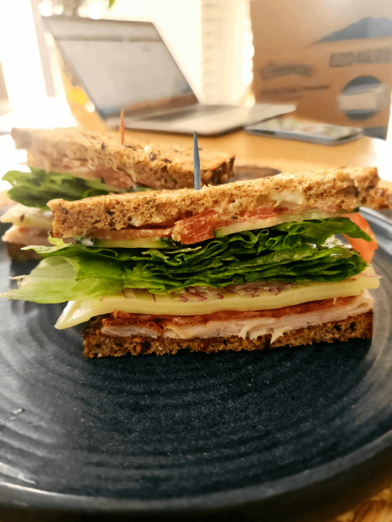 Turkey, Turkey Bacon, Swiss, Onion, Lettuce, Cucumber Tomato w/ Kewpie Mayo on Dave's Killer Bread from my kitchen the other day