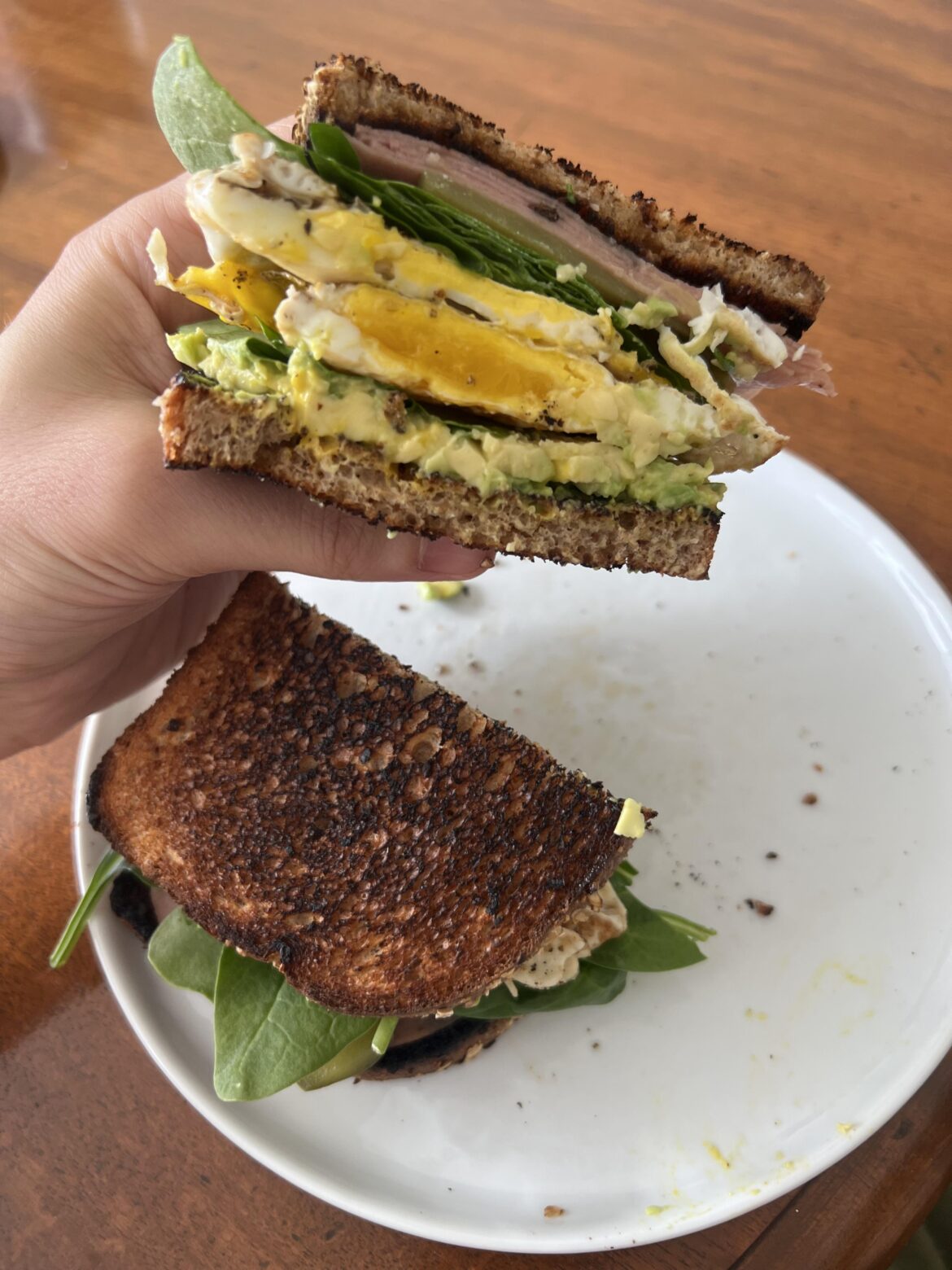 Third day in a row eating my favorite: Mortadella, fried eggs, avocado, pickles, spinach, mustard on toasted wheat bread
