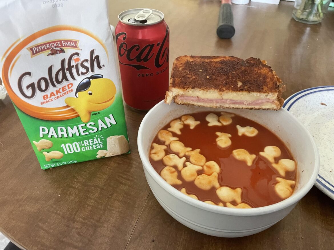 Grilled ham and cheese with tomato soup and Parmesan goldfish