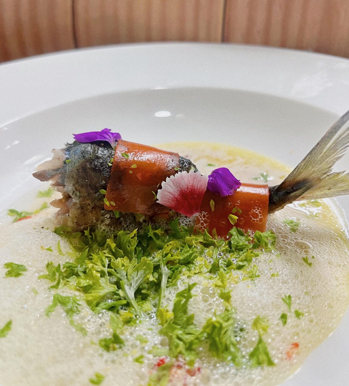 Stuffed Grilled Mackarel, Coconut Broth from Smoked Mackarel Bones, Tomato/Garlic Jelly