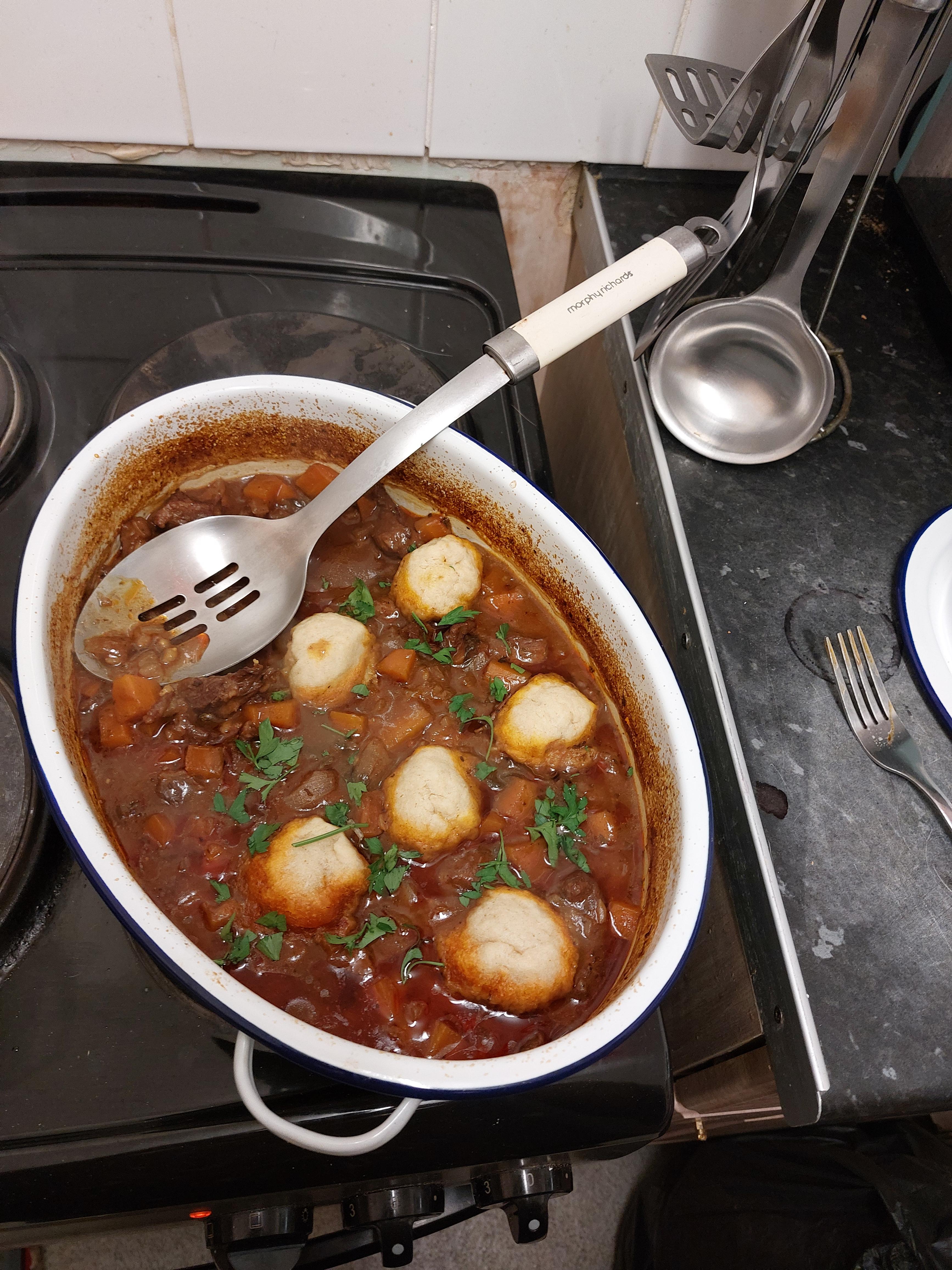 Red wine beef and barley casserole with dumplings, i served it with skin on mash and peas