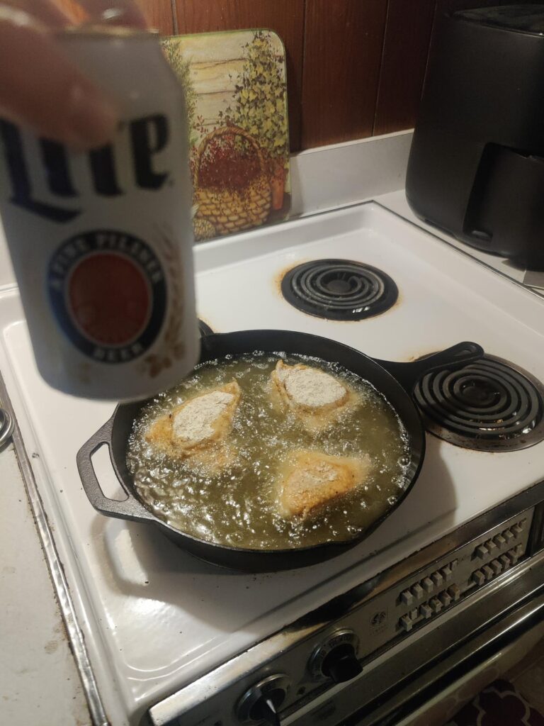 Tonight's fried chicken brought to you by the letter M..for Miller Lite