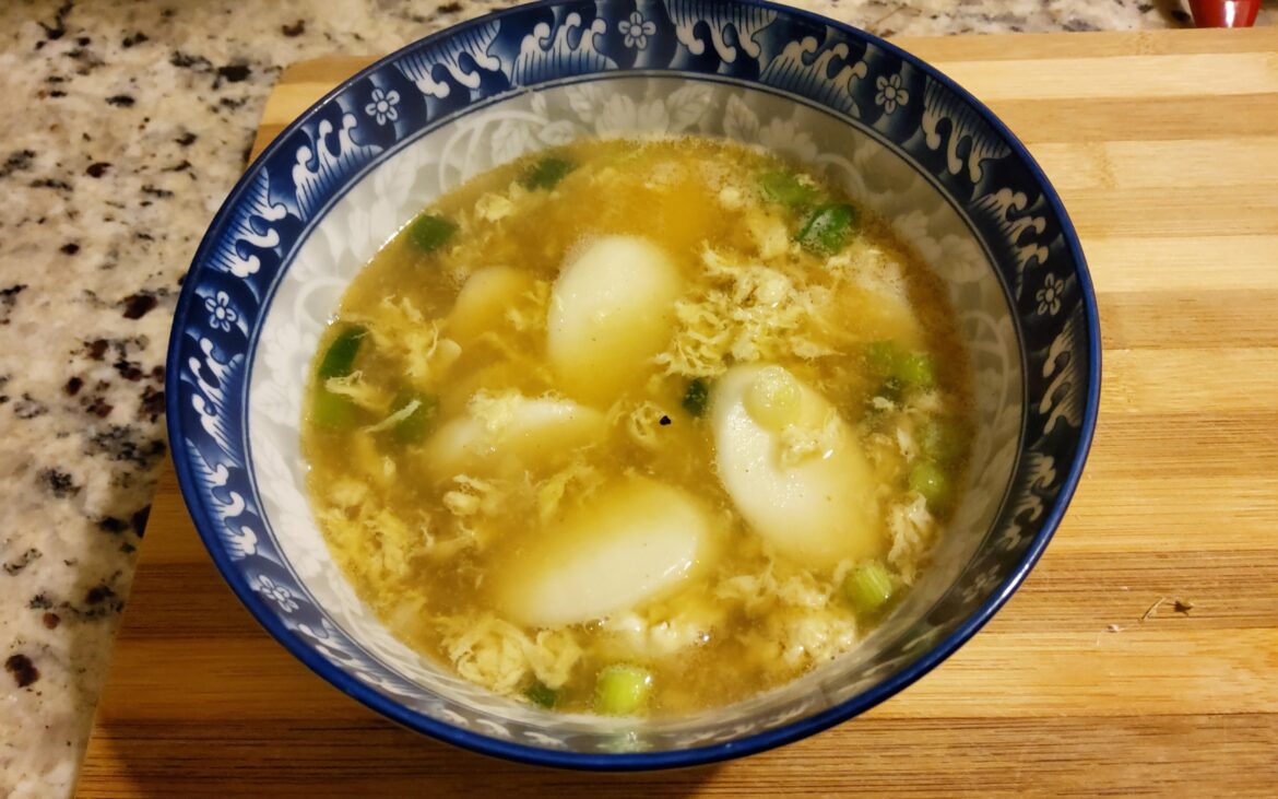Easy Rice cake soup Tteokguk 떡국 made with chicken bone broth.