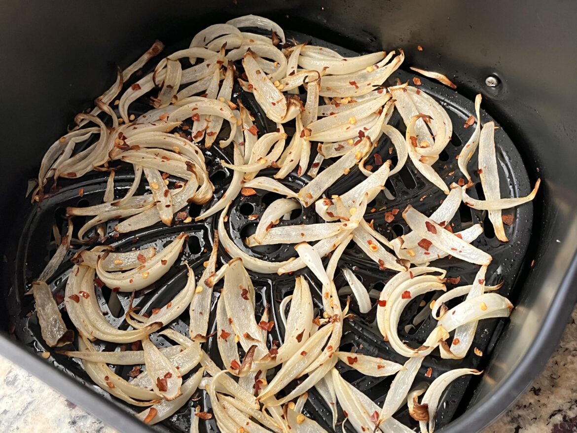 Spicy air fryer onions ready for my hot dogs and burgers.