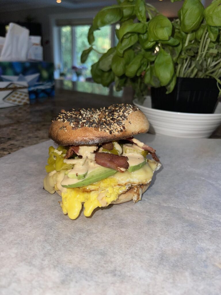 My breakfast sandwich game has been off the charts lately. Strictly been using everything bagels from Cobs Bread they are so good.
