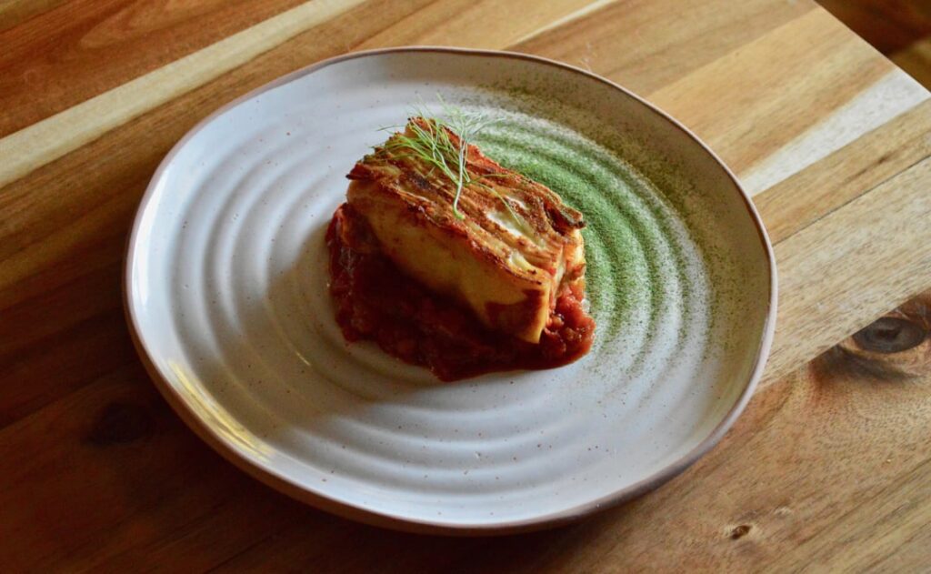 Lasagna, Sunchoke Fonduta, Caramelized Fennel Pomodoro