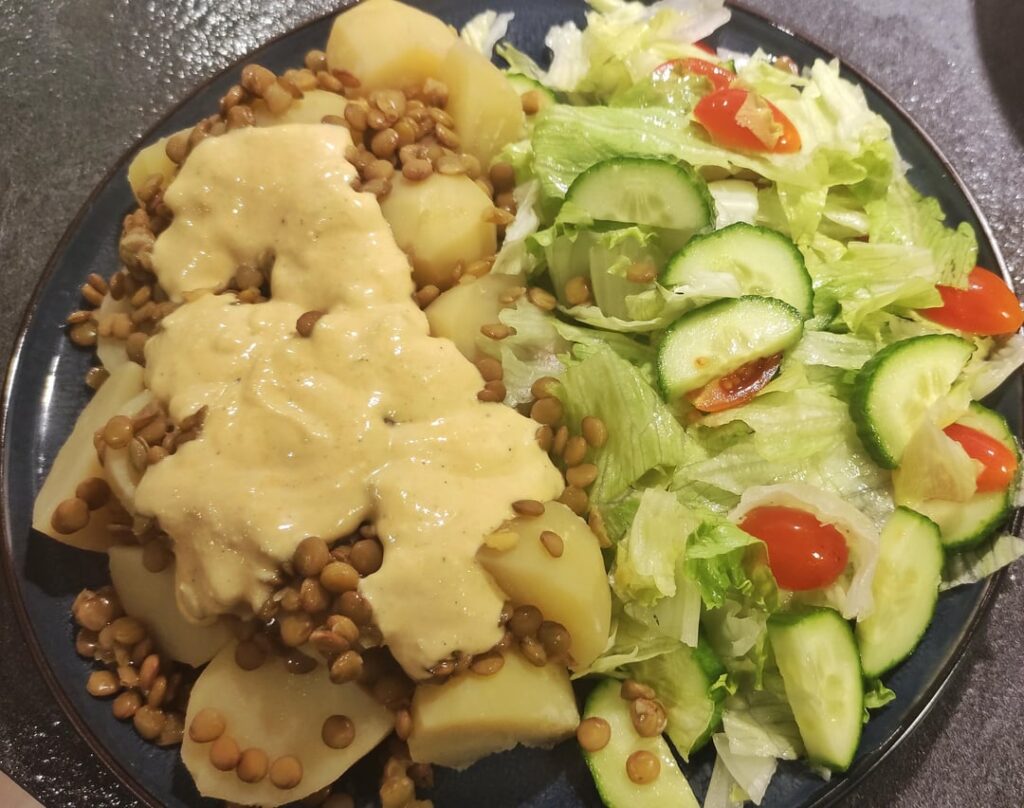 Big 500 calorie dinner of potatoes, lentils and salad