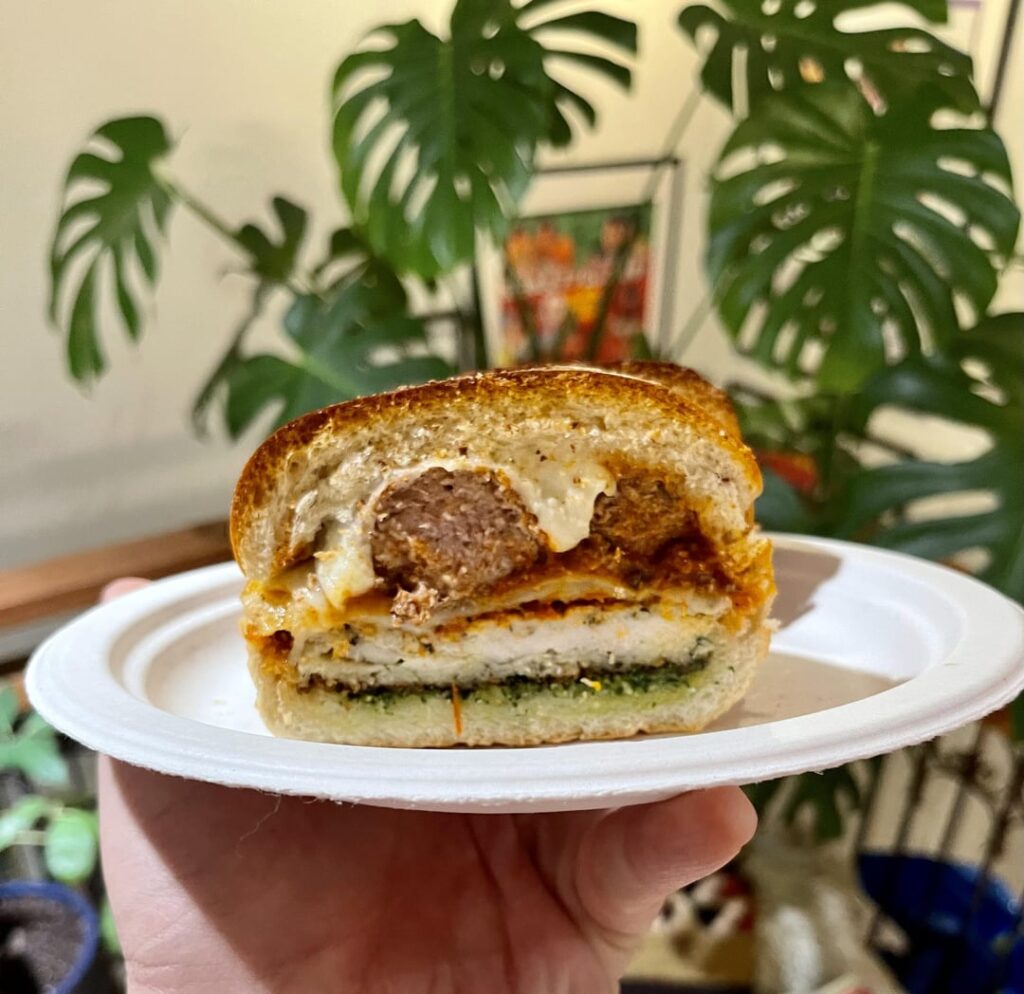 leftover sausage, meatball, and chicken cutlet sandwich with mozz and pesto
