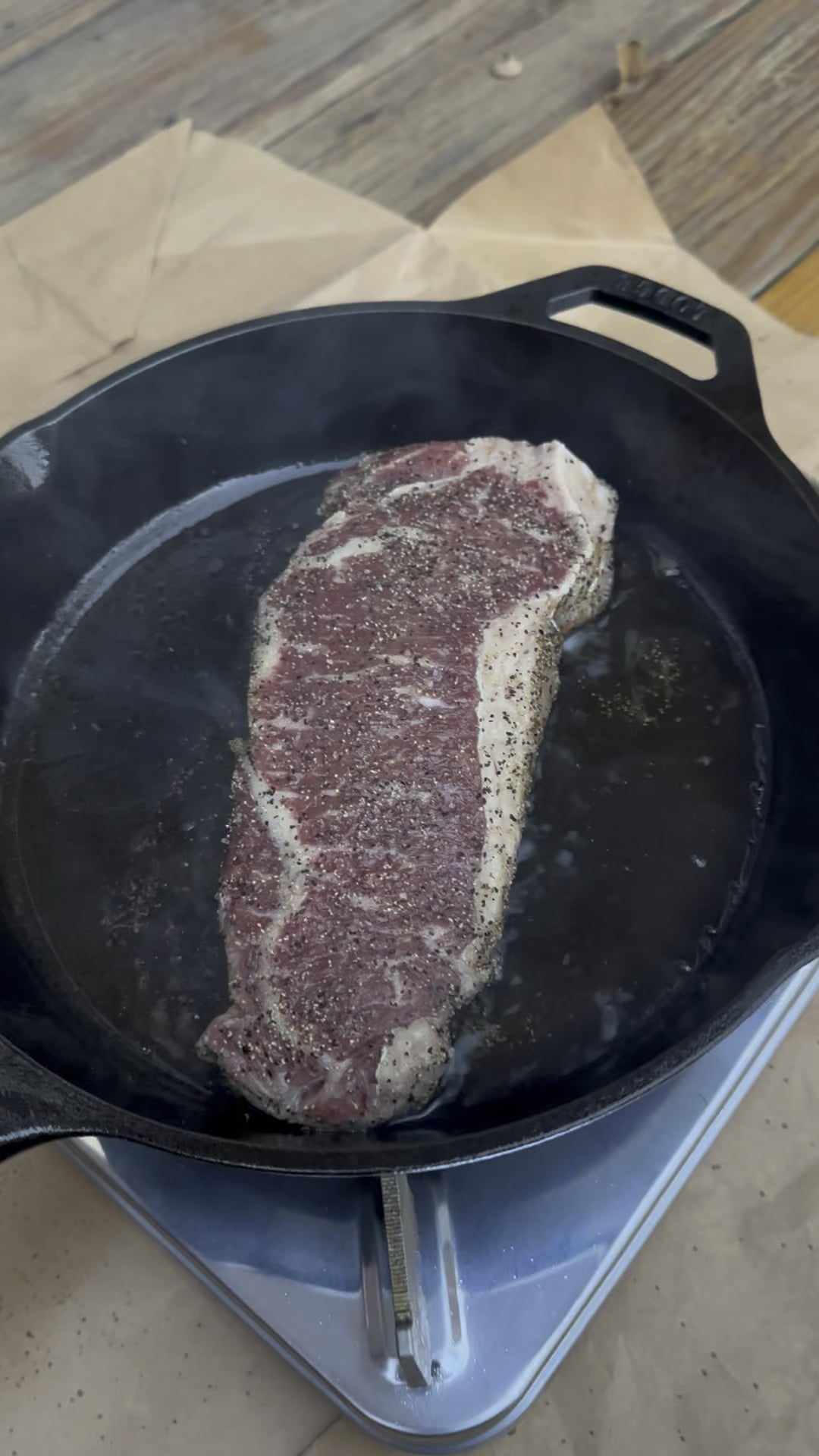 New York Strip panfried in olive oil Dining and Cooking