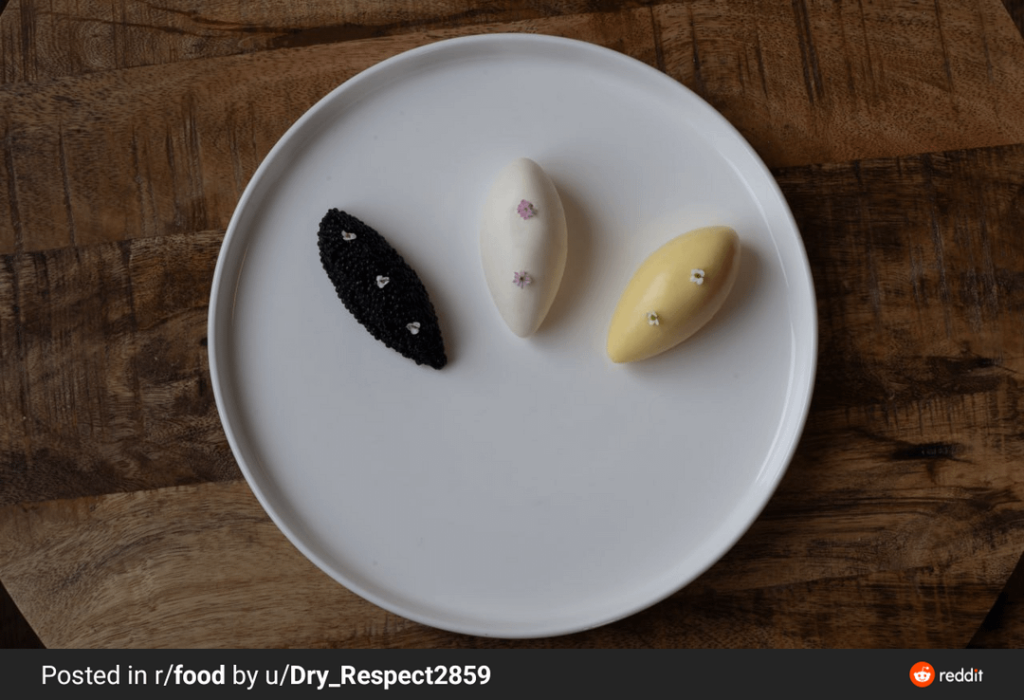 Corn/bonito bavarois, caviar, almonds-dried mushrooms sauce