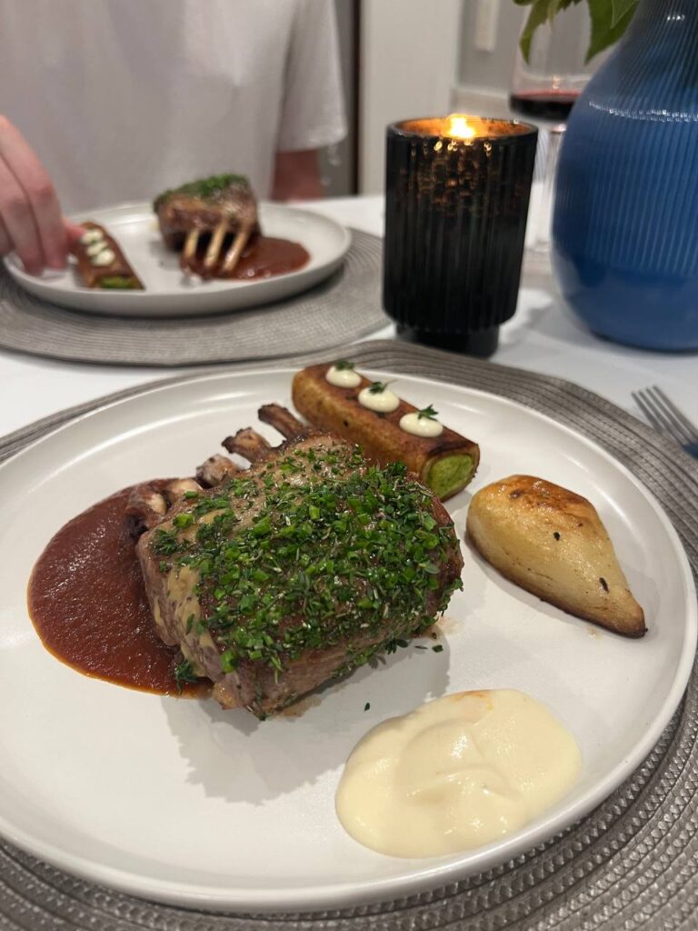 Roast lamb, pea/bacon farce in a rye crepe, celeriac puree, espagnole