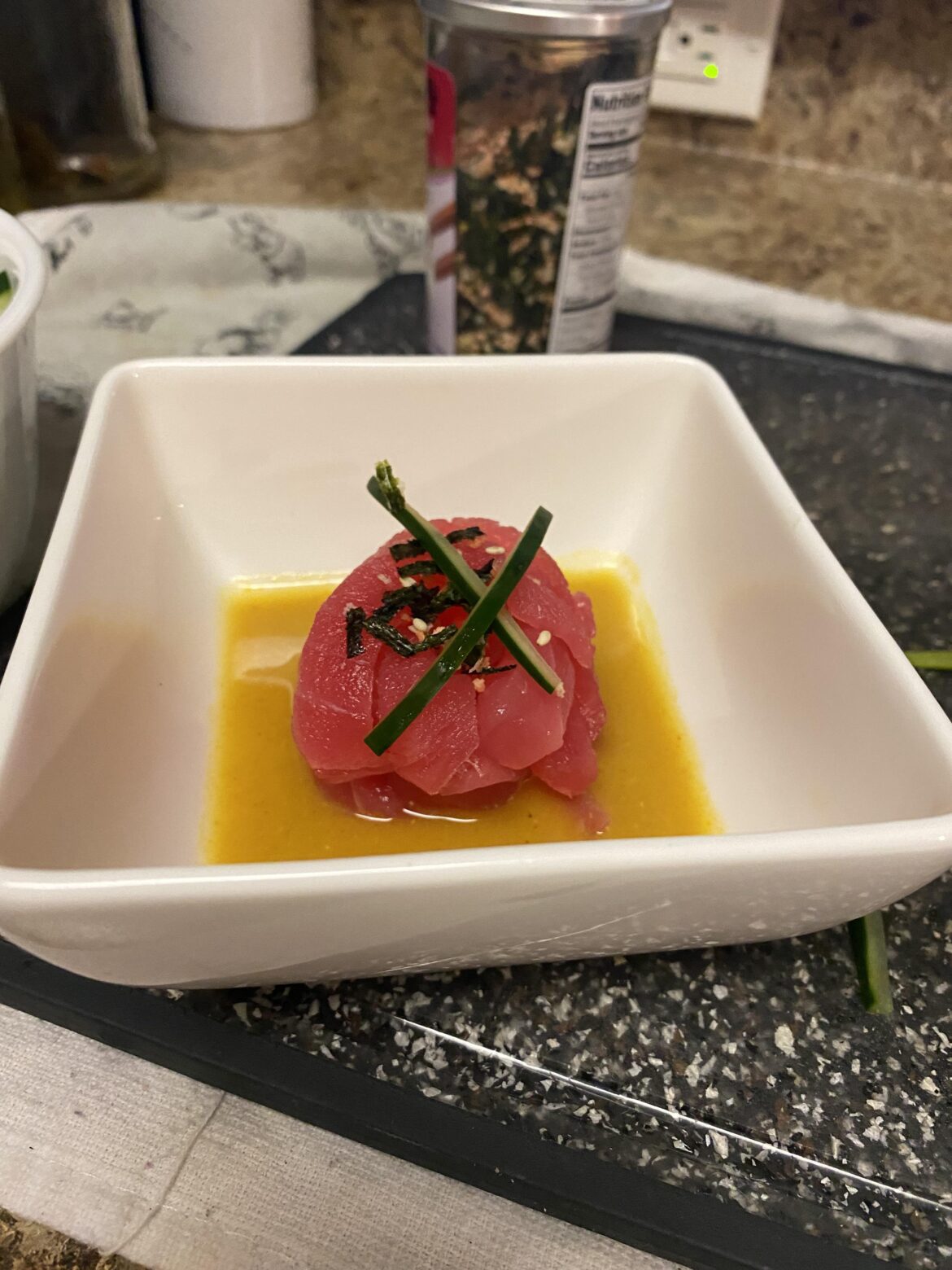 Miso curry with yellowfin tuna sashimi noodles