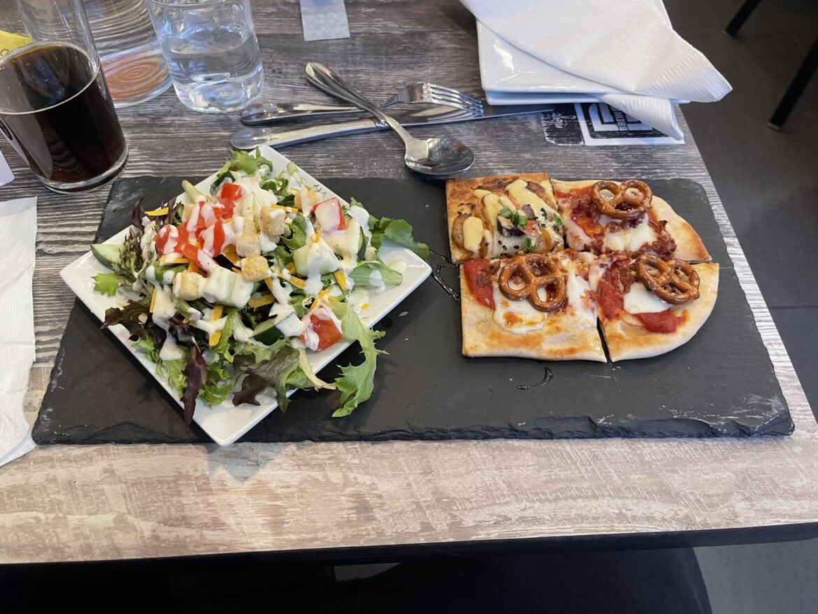 At Brew Bank in Topeka, KS. Everything is served on slate tablets (full order salads too)