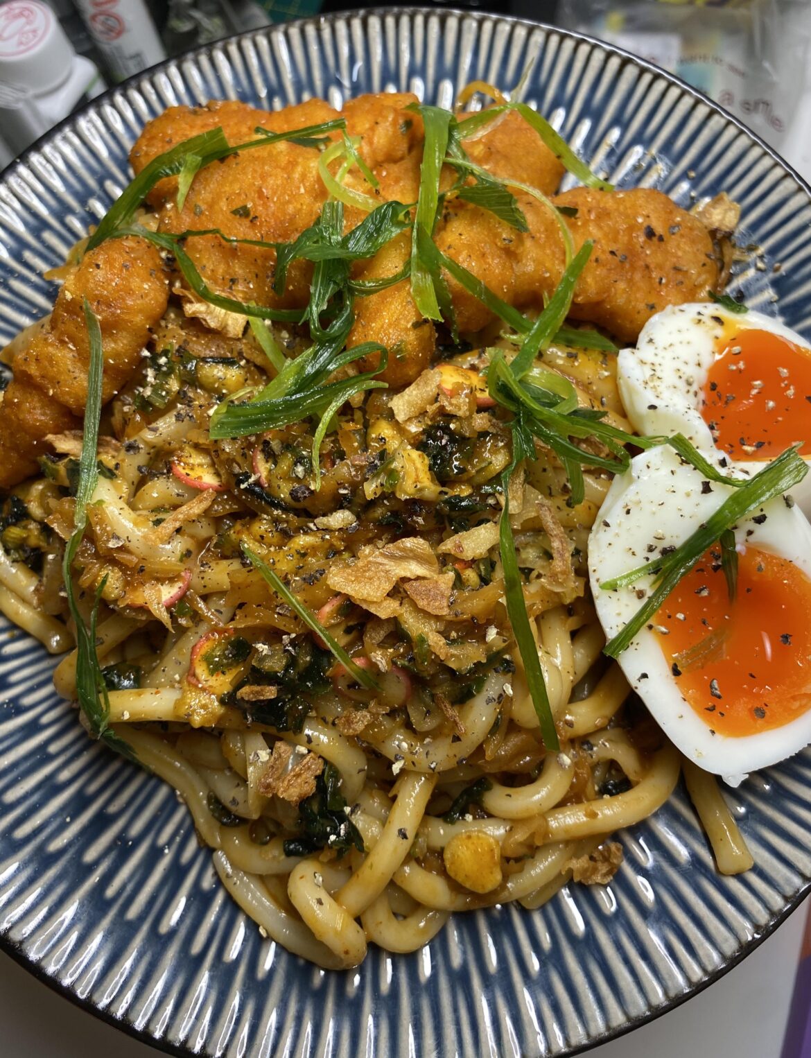Stir-fry Udon with orange chicken nuggets
