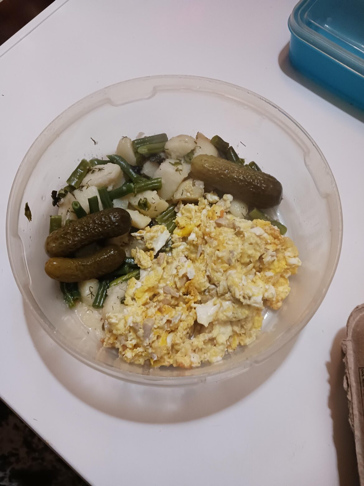 Made dinner from left over potatoes and beans. Added pickles and 3 eggs scrambled.