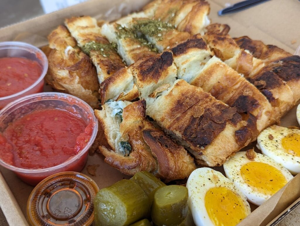 Spinach cheese and za’atar cultured cheese borekas at Borekas Saphardic Pastries Spinach cheese and za'atar cultured cheese borekas at Borekas Saphardic Pastries