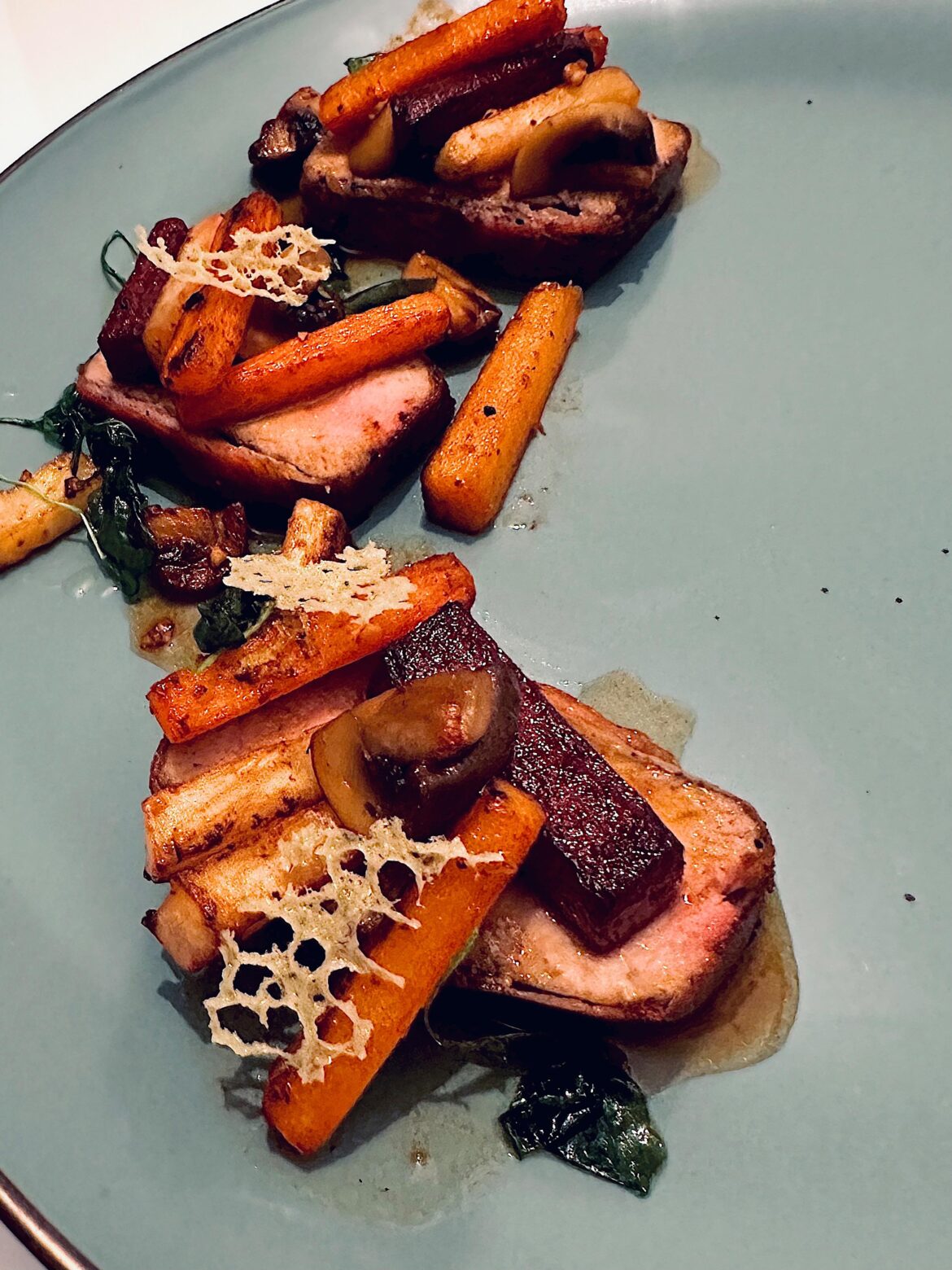 Pork Tenderloin Glazed root vegetable ( beet carot celeric) champignons, fried arguola, gravy. ( i see that oil from gravy was in hurry and throw the small chunk of butter at the end and fucked it up)