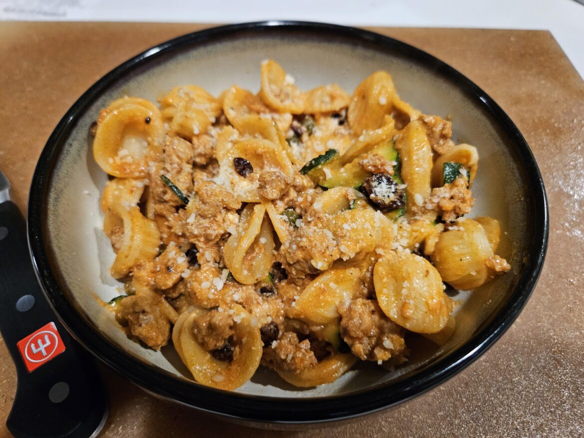 Ground Pork Ragù & Orecchiette Pasta with Currants & Zucchini