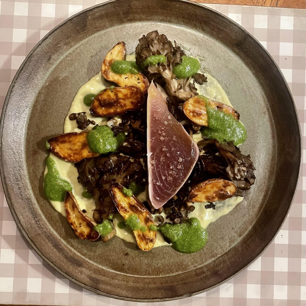 Yellowfin tuna, potato, mushroom, herb ceasar, salsa verde