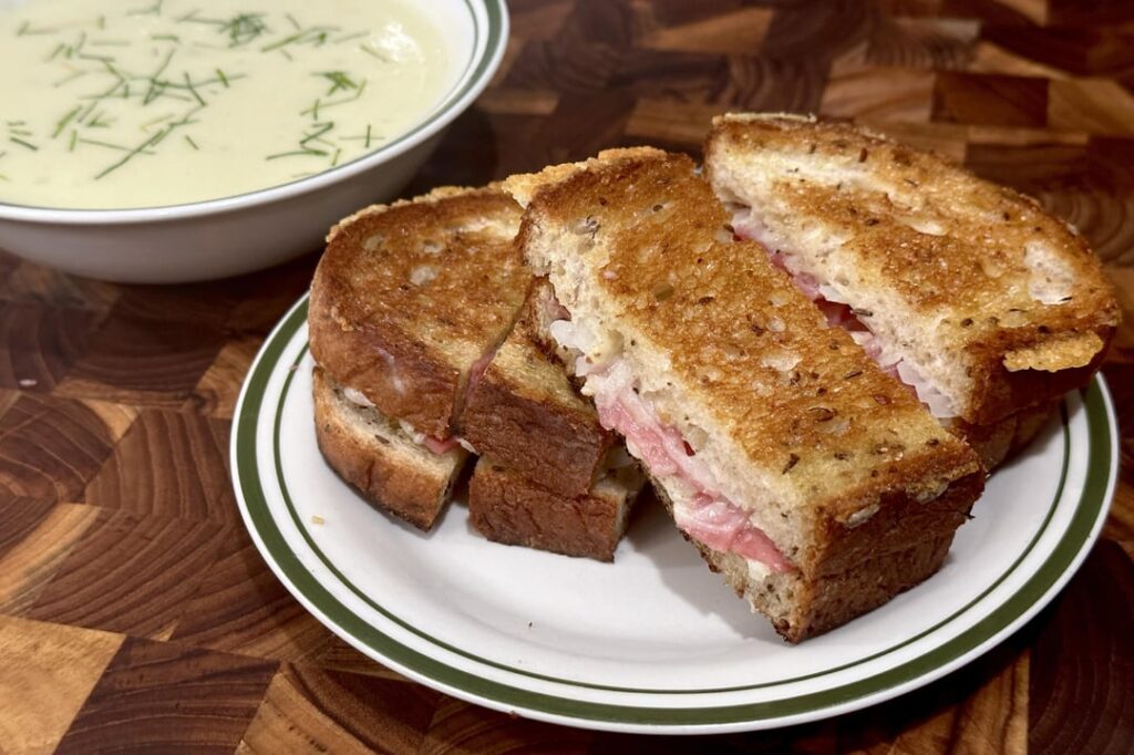 salami, onion, white cheddar and gruyère on rye w/homemade potato and leek soup for dippin’.