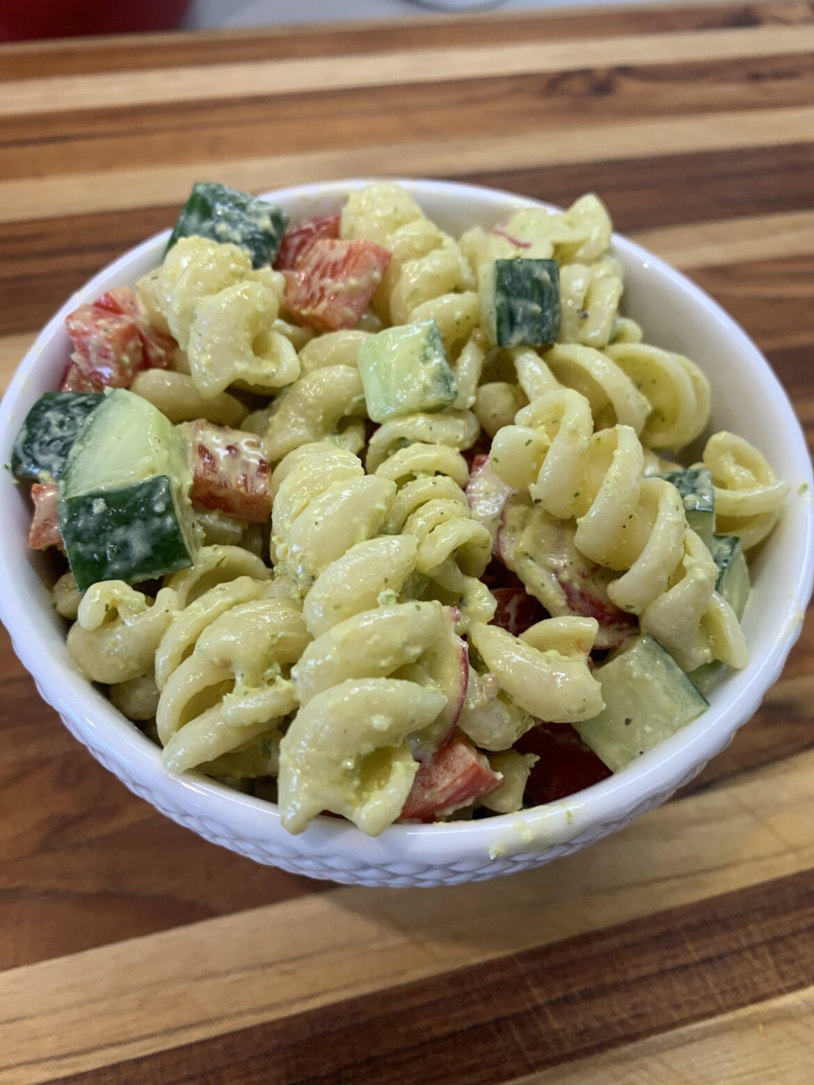 I repurposed leftover Aji Verde sauce from the Peruvian Chicken Recipe into a pasta salad