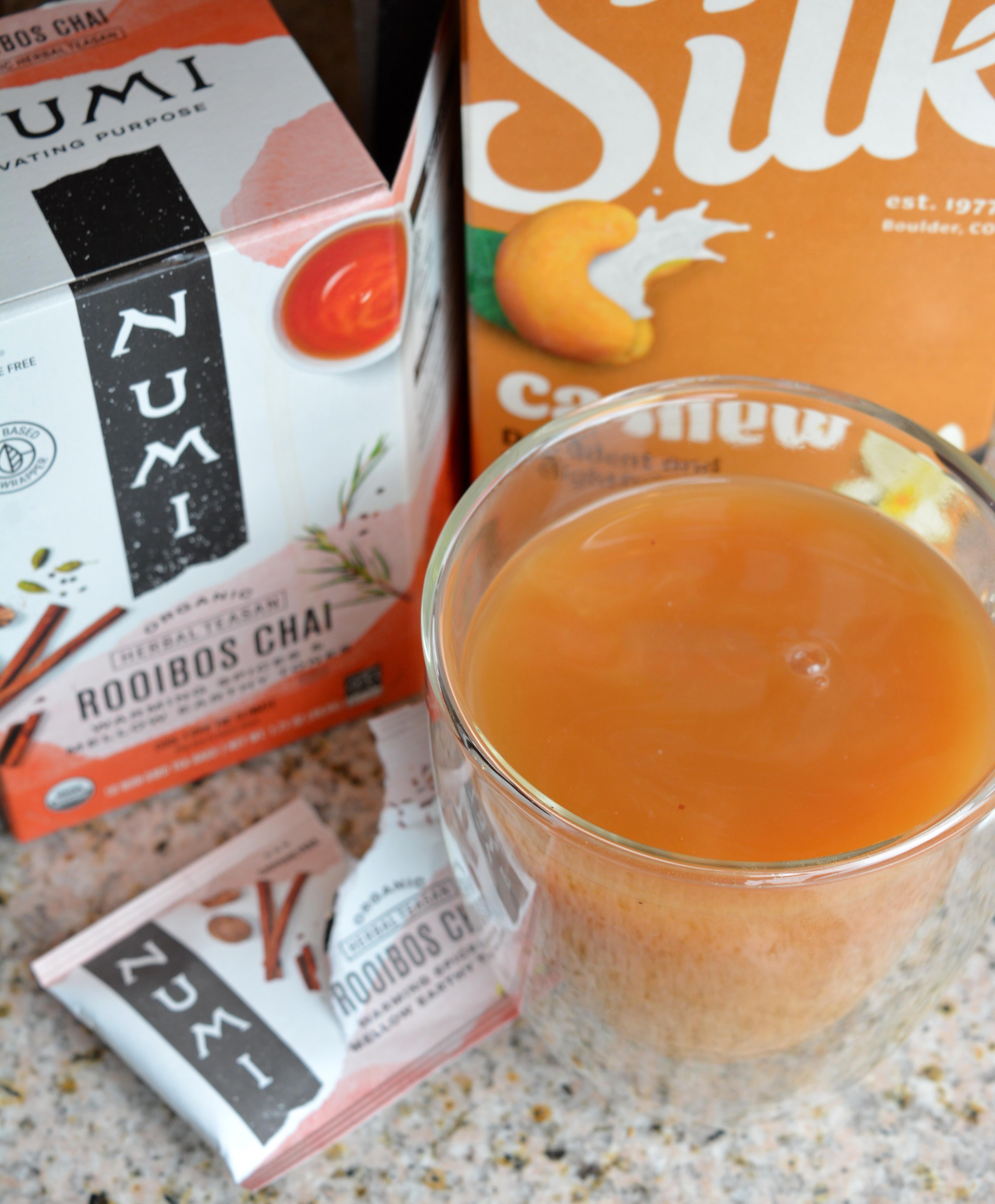 Simple 4 calorie chai tea, 2 T silk cashew milk, sweetener, dash of