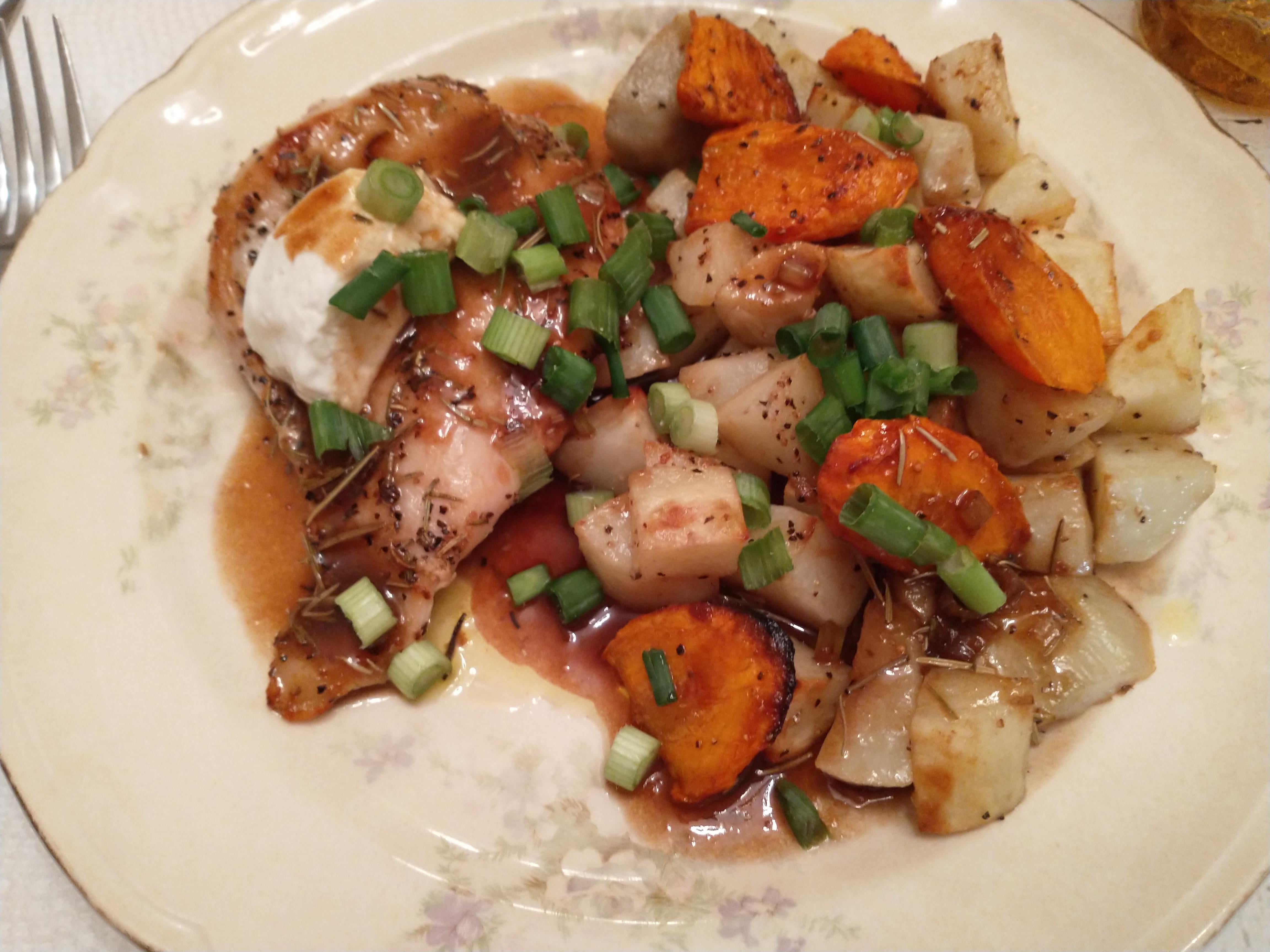 Goat Cheese Chicken with Figgy Balsamic, and Garlic Roasted Potatoes