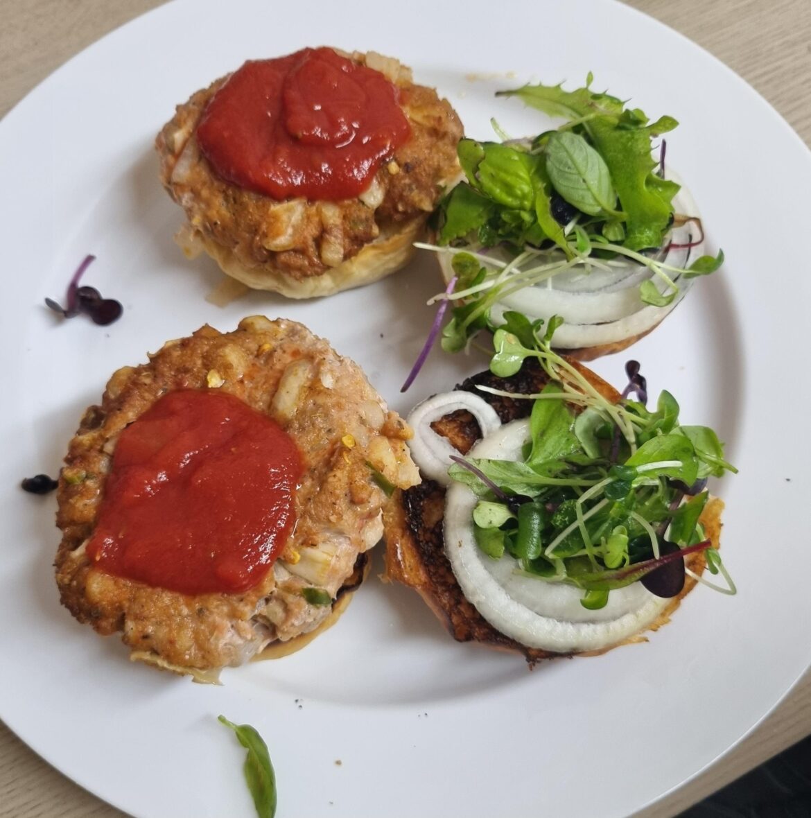 I made Italian meatballs style sliders. Veggies, fennel seeds and other herbs were packed in the half pork half beef patties